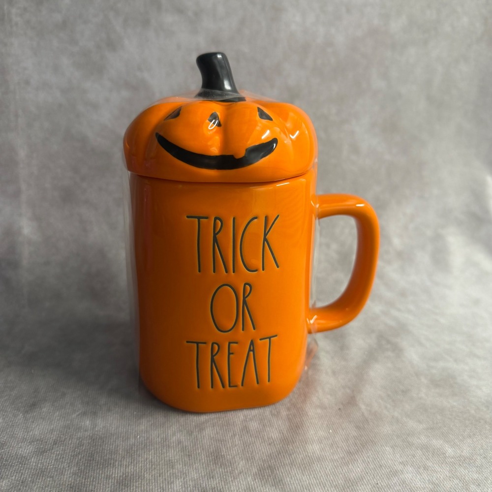 Rae Dunn Trick Or Treat Mug Orange Jack-O-Lantern Pumpkin Lid Ceramic 16oz Cup